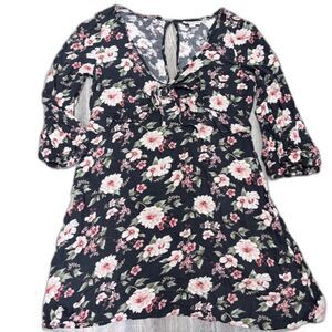 American Eagle Dress M Black Floral V Neck Ruffle Keyhole Coquette Romantic